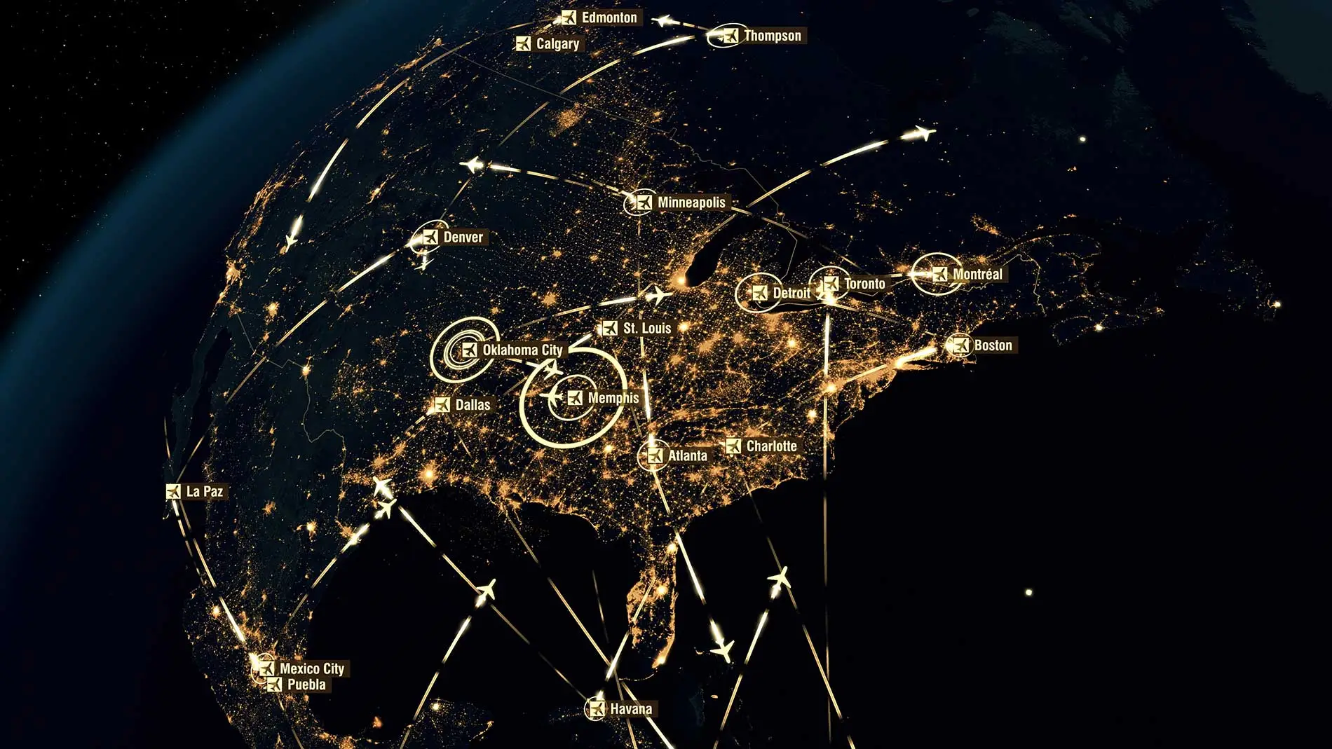 Flight Schedule Management for Calgary Airport Authority collaboration between Copenhagen Optimization and Airport Hive - flights over North America image.