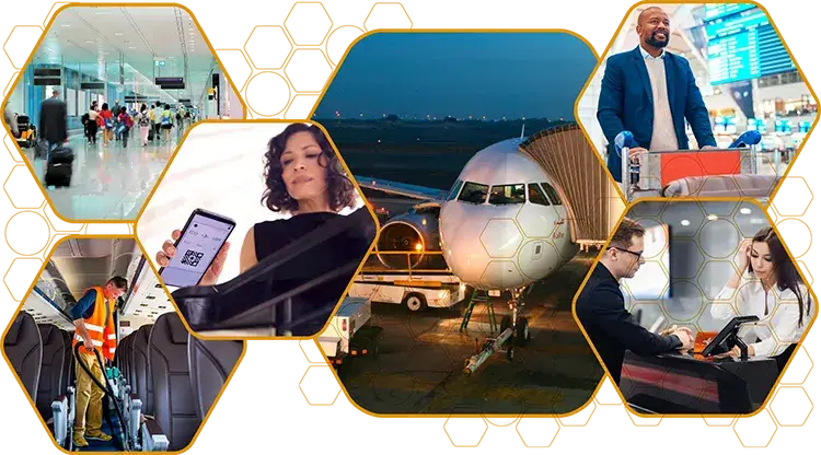 A series of airport images, docked aircraft, aircraft being cleaned, and passengers at different stages of their journey. It represents the concept of Moving Beyond the Monolithic AODB.